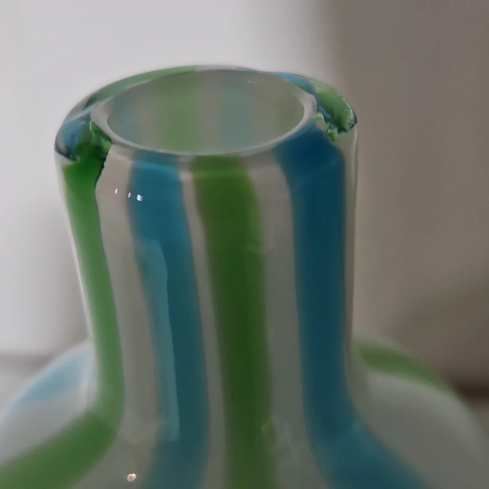 Handblown Post-Modern Blue Green Striped Art Glass Double Gourd Vase